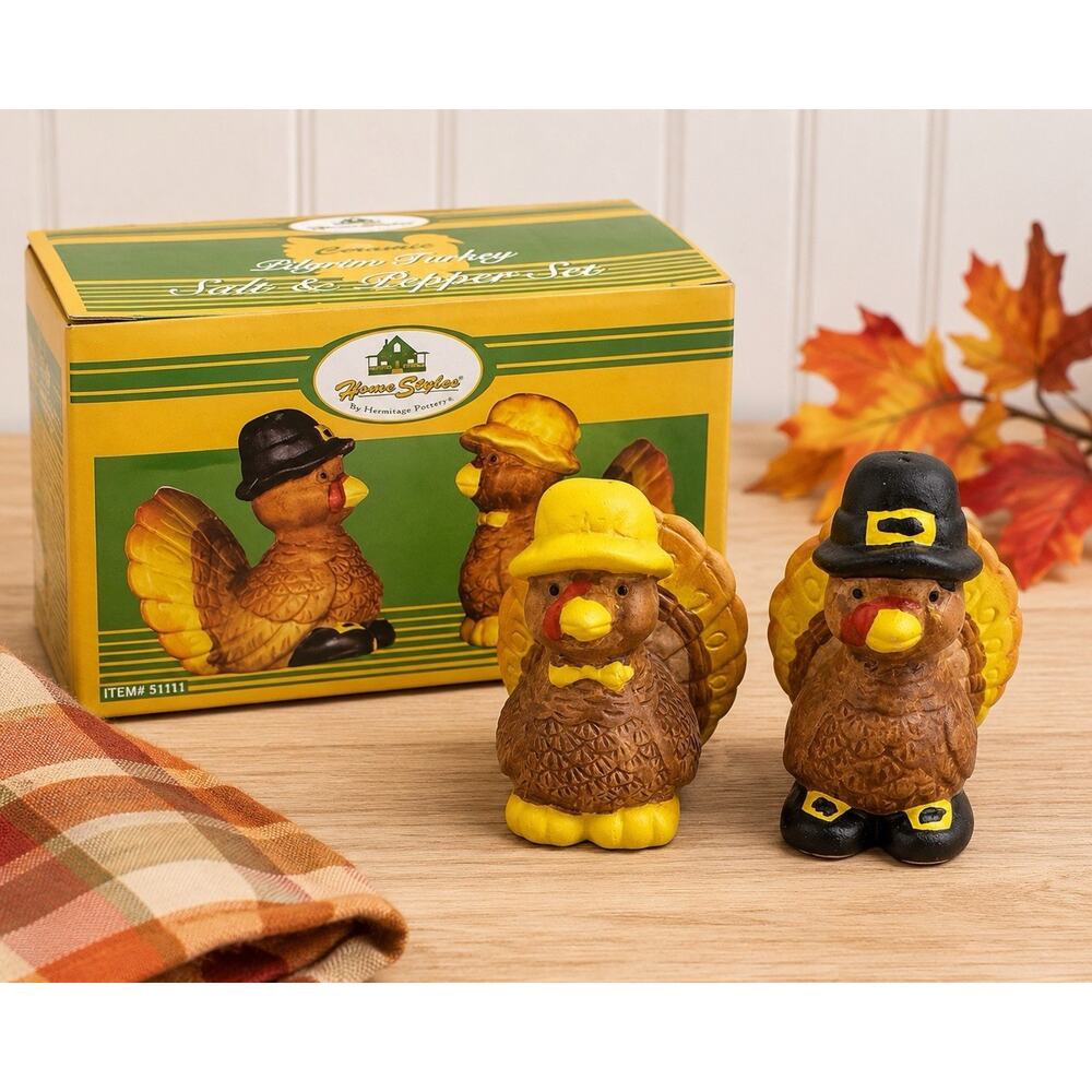 Home Styles Hermitage Pottery Pilgrim Turkey Salt Pepper Set 1998 Boxed Fall